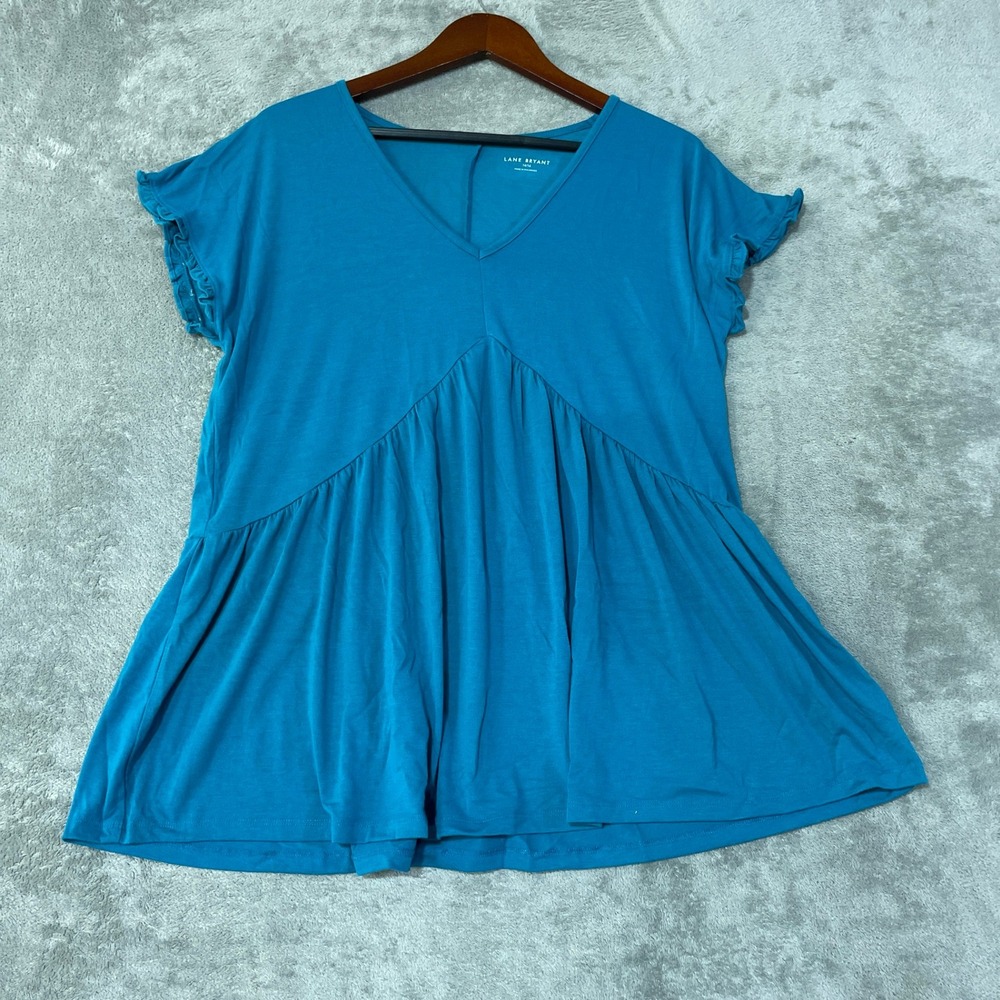 Lane Bryant V-Neck Babydoll Top Women's 14/16 Blue Rayon Blend Ruffle Sleeve Tee